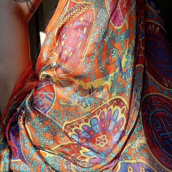 Gossamer silk blend scarf in orange yellow and green motif - Picture 1 of 13